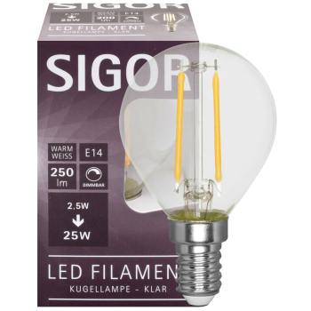 Sigor Filament-Lampe klar LED E14/230 V/2,5W, 250lm, 2700K