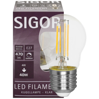 Sigor Filament-Lampe klar LED E27/230 V/4,5W, 470lm, 2700K