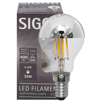 Sigor Filament-Lampe silber LED E14/230 V/4,5W, 400lm, 2700K