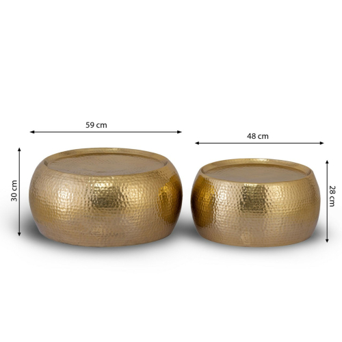 Couchtisch-Set DAKAR, 2er Set rund ø 59/48 x H 30/28 cm Aluminium gehämmert, gold