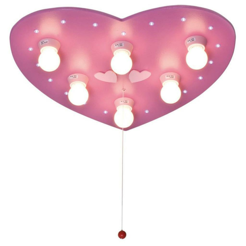 Deckenleuchte 6 x E14 und LED, Motiv Herz, Holz rosa